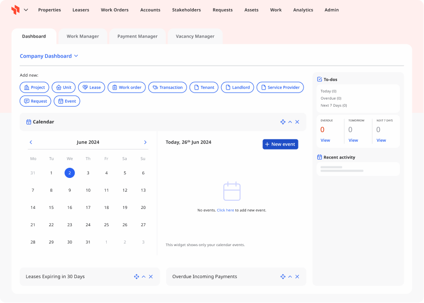 Real estate CRM platform dashboard for property managers