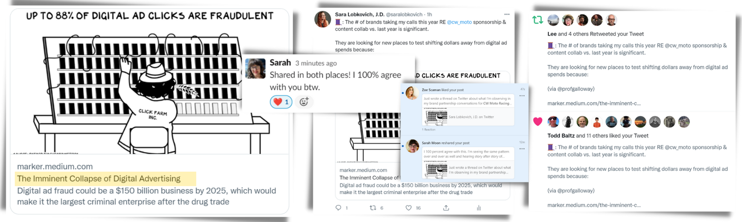 Headline banner showing screen captures from the engagement on my thread about stories, humans and machines.