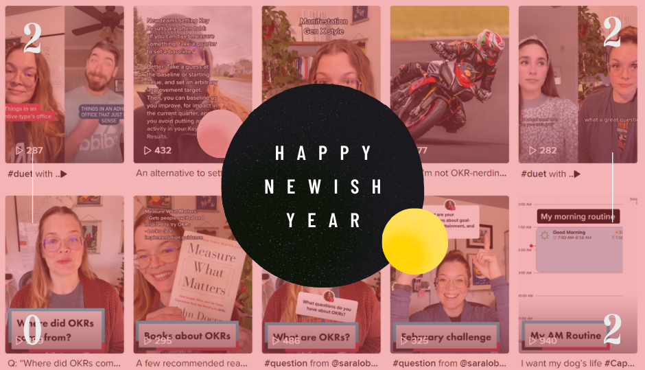 A photo of my TikTok profile page showing thumbnails of my posts, with a wish for a happy newish year. 