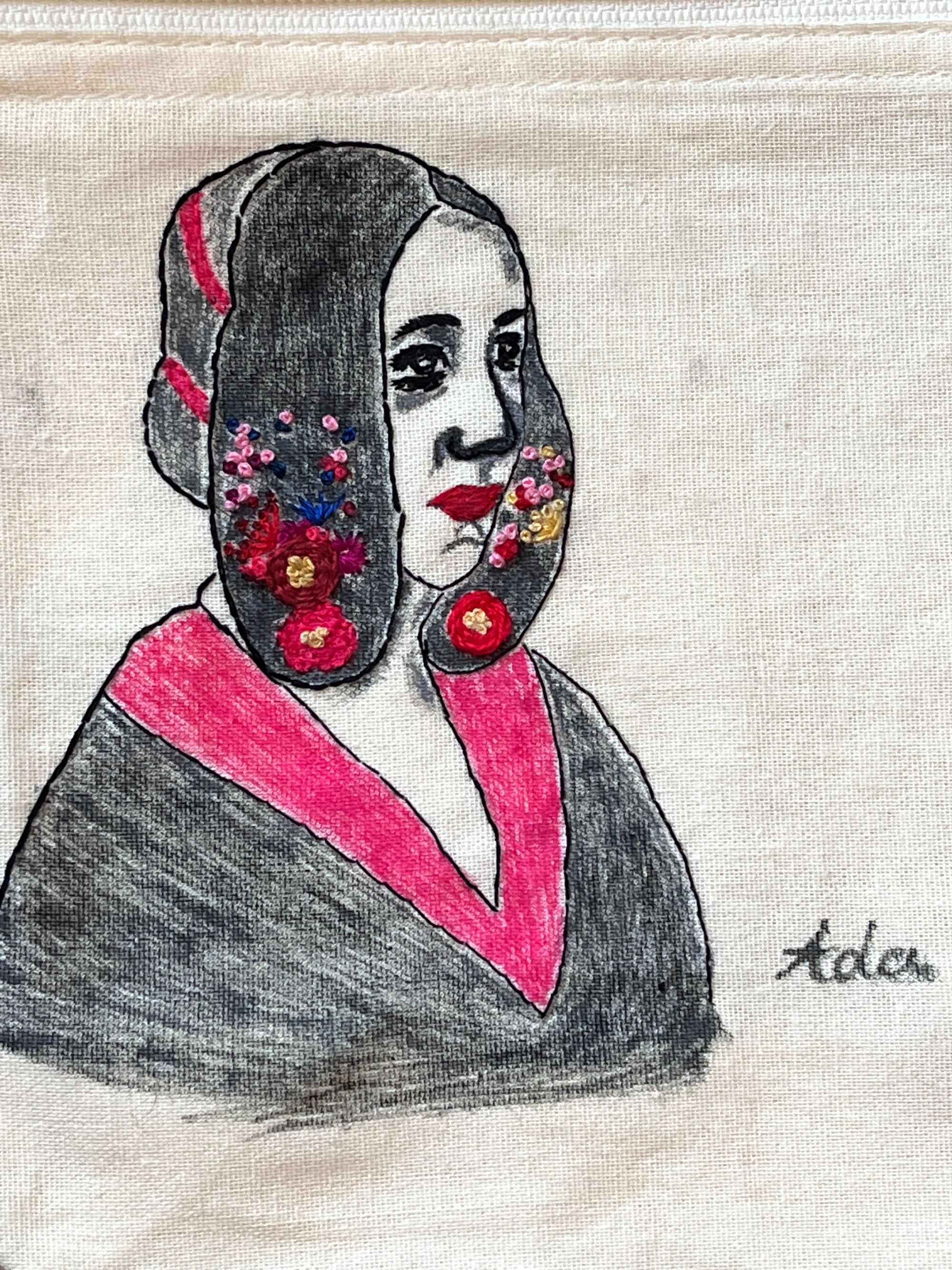 Ada Lovelace portrait. I used fabric markers and embroidery threads.