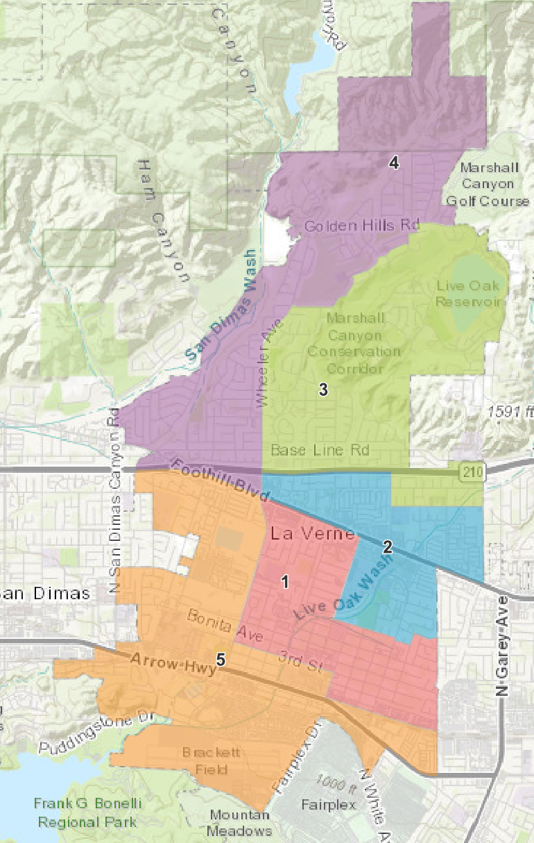 Color-coded map of La Verne's five City Council districts: District 1 (pink), District 2 (blue), District 3 (green), District 4 (purple) and District 5 (orange).