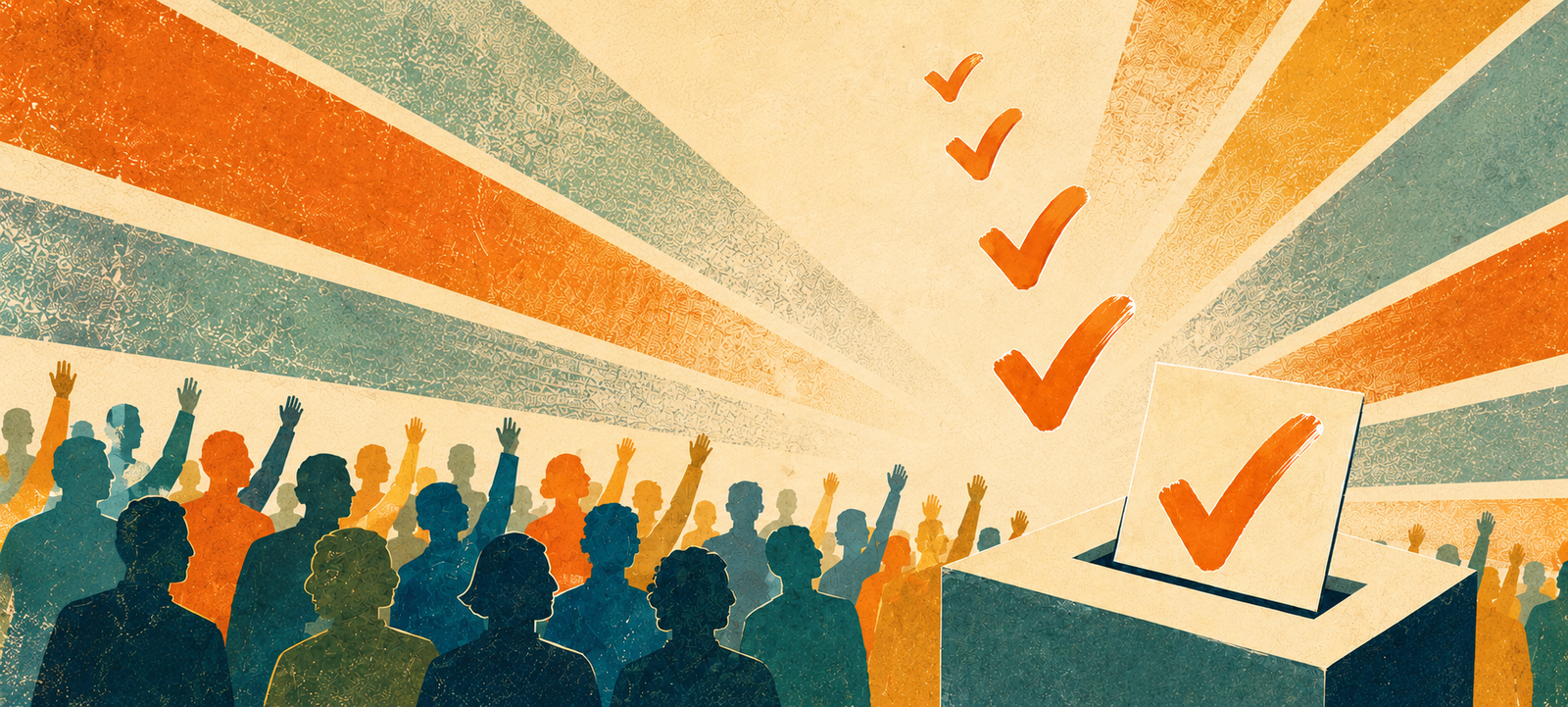 Illustration of La Verne voters raising their hands beside a ballot box and voting check marks