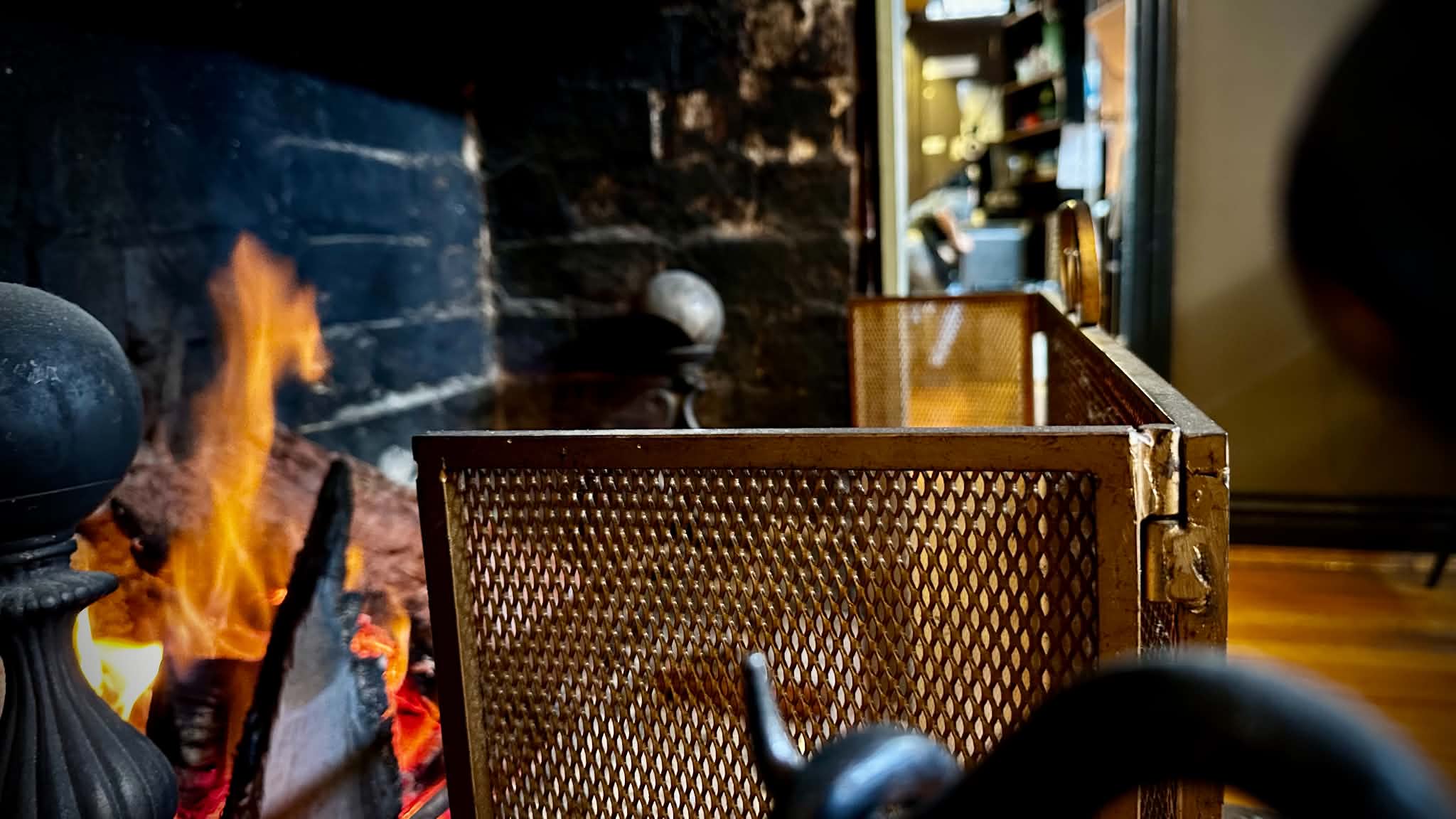 An open wood fire burning behind a metal mesh guard inside Café Go.