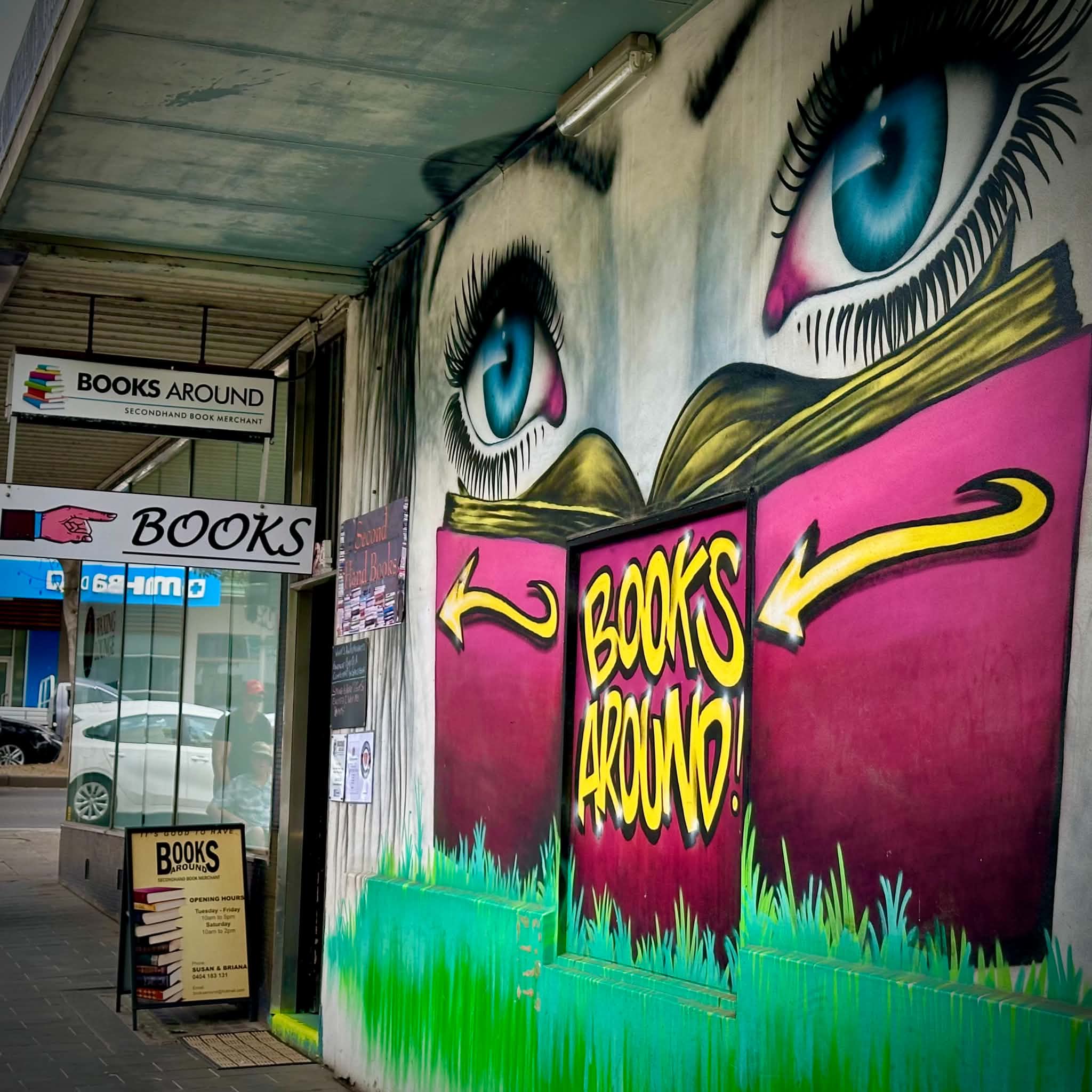 The entrance to Books Around, painted with large blue eyes and signs pointing downstairs to the secondhand bookshop.
