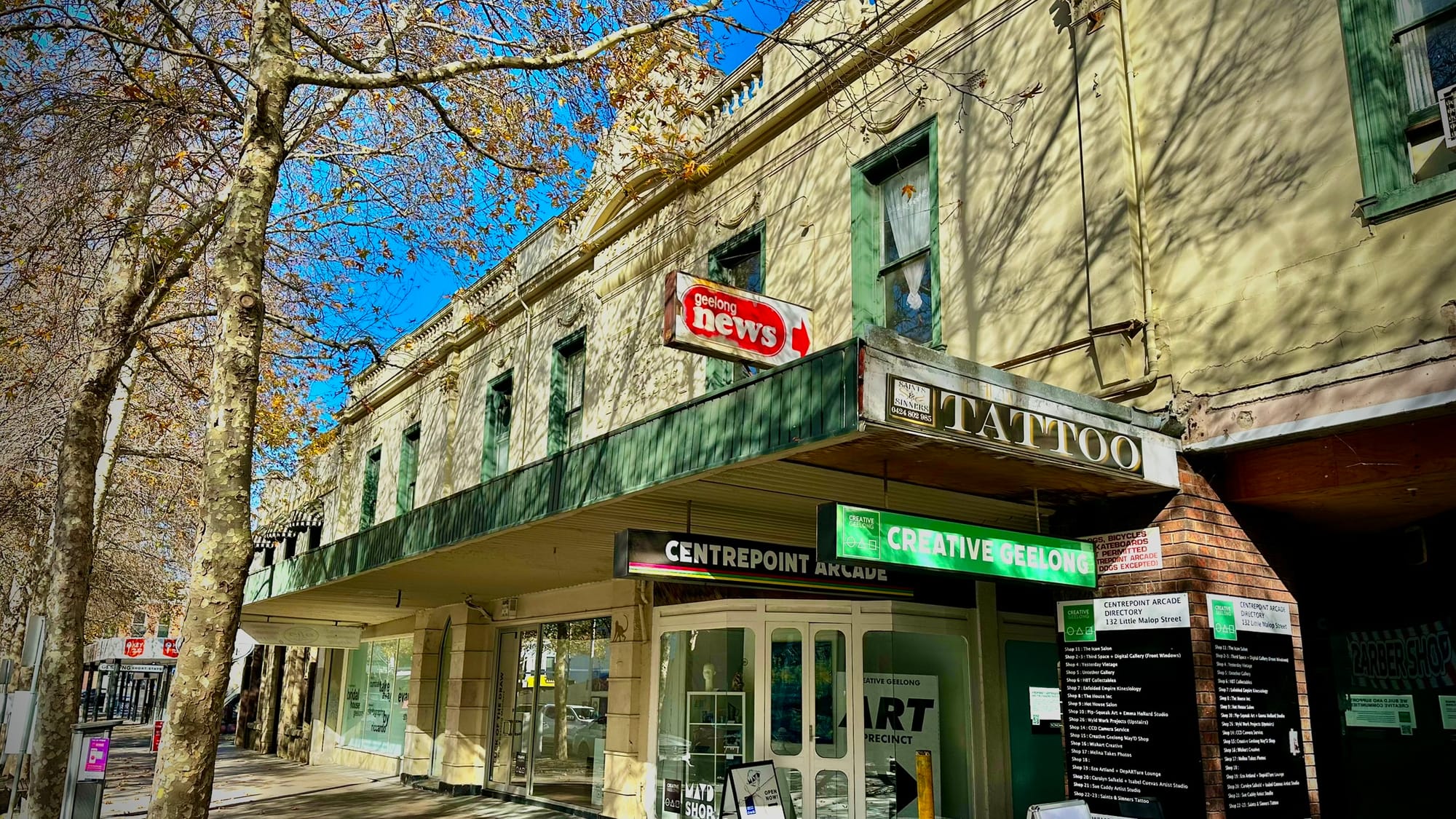 Centrepoint Arcade on Little Malop Street, with Creative Geelong signage, old shopfronts and the former Geelong News sign.