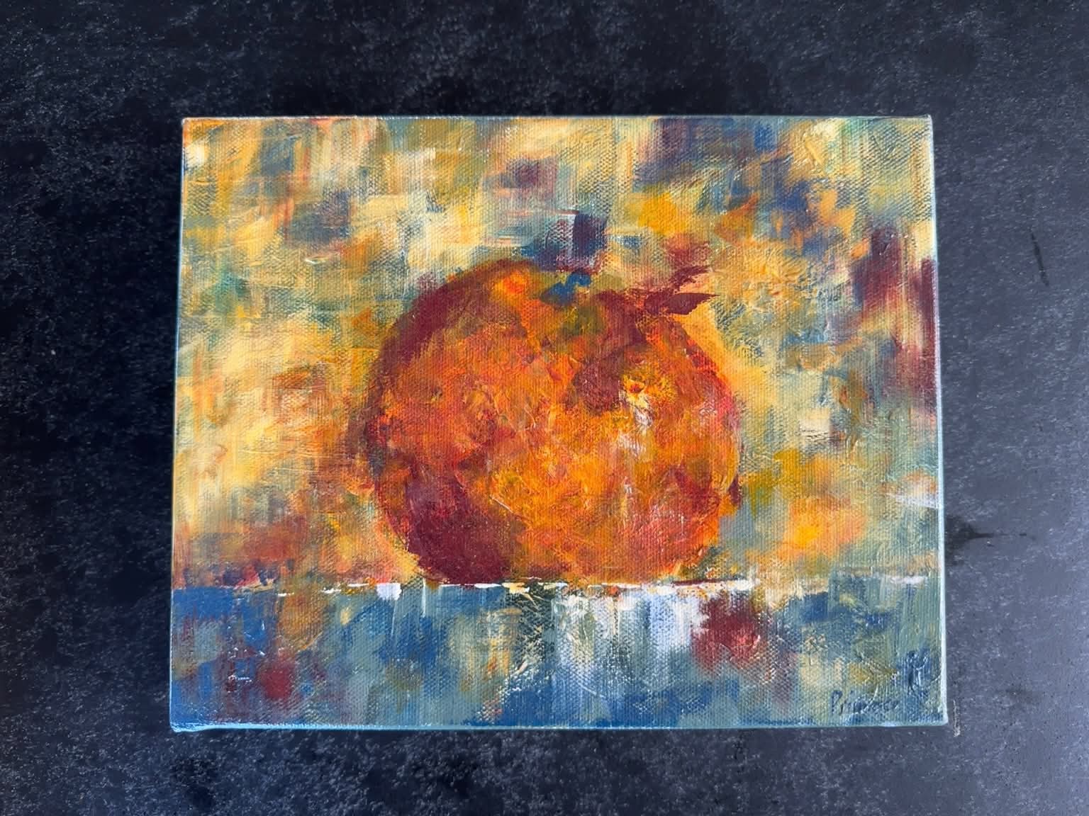 A small abstract painting by Marg Primmer, with layered orange-red forms against a blue-grey background.