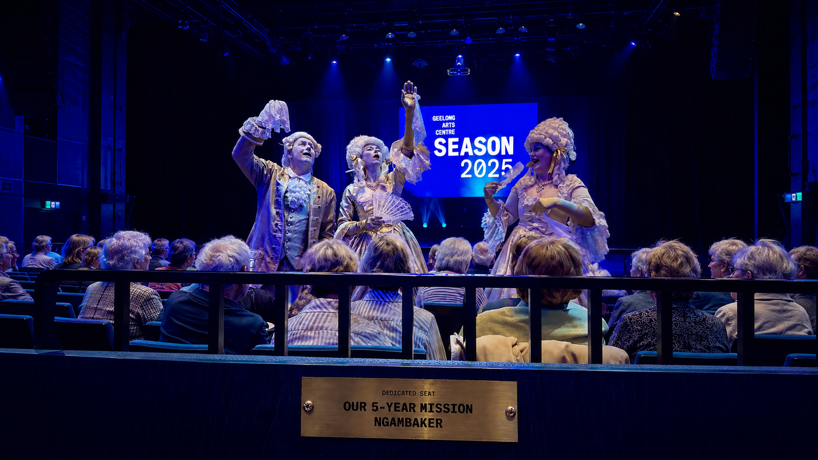 Composite image showing the “Our 5-Year Mission, NgamBaker” seat plaque before an audience and three costumed performers on stage.