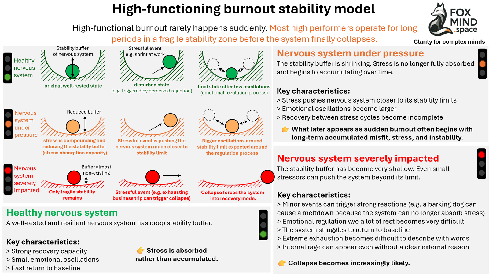 FFramework illustrating nervous system stability and how accumulated stress can lead to high-functioning burnout.