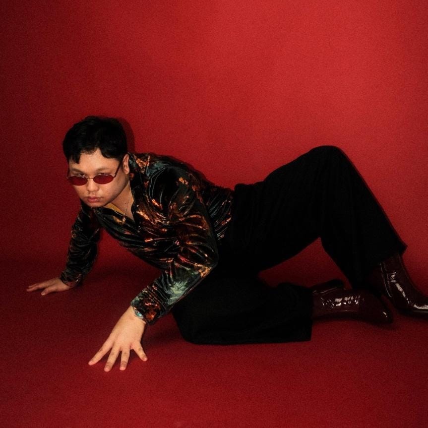 A person in a shiny shirt and black pants
Description automatically generated