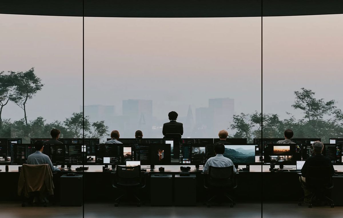 Arbeitsraum mit vielen Monitoren vor einer gebogenen Glasfront, dahinter Bäume und eine Skyline im Dunst