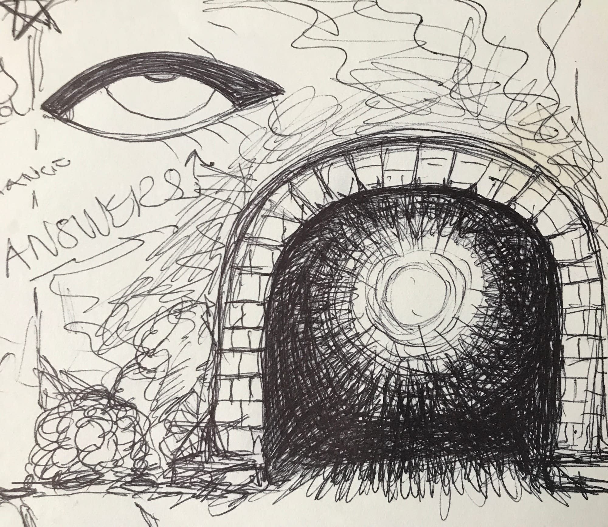 A hand drawn picture of an eye rolled back a bit and a tunnel with a light at the end like a flashlight.