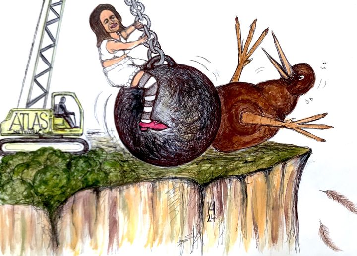 Cartoon of Nicola Willis riding a wrecking ball operated by the Atlas Network that is knocking a Kiwi off a cliff.