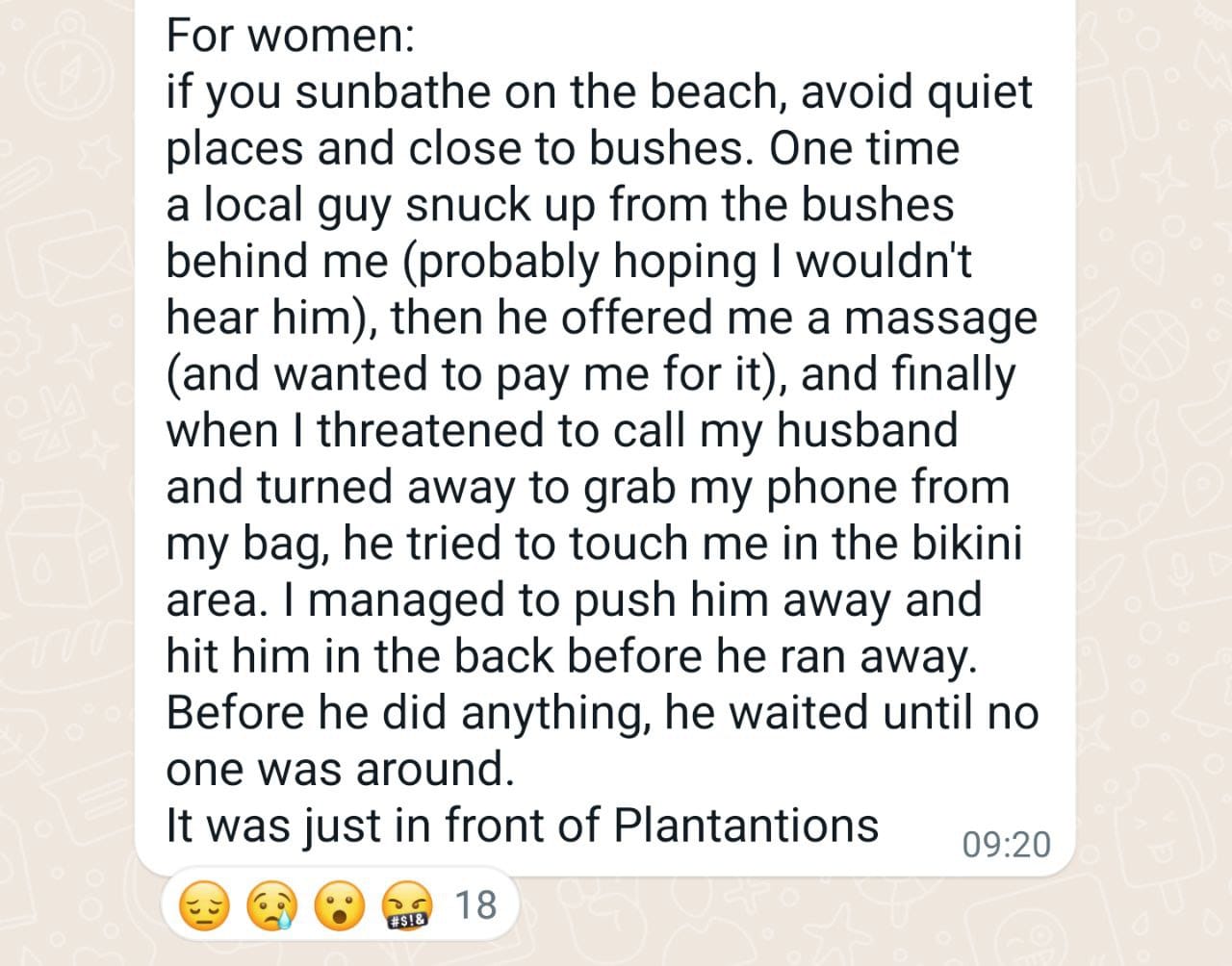 Screenshot of the beach harassment story from Sri Lankan Digital Nomads group