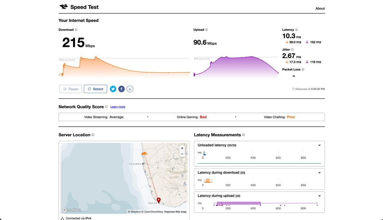 Speed test on local "fiber" connection in Ahangama, Sri Lanka. Probably the best option for a working digital nomad