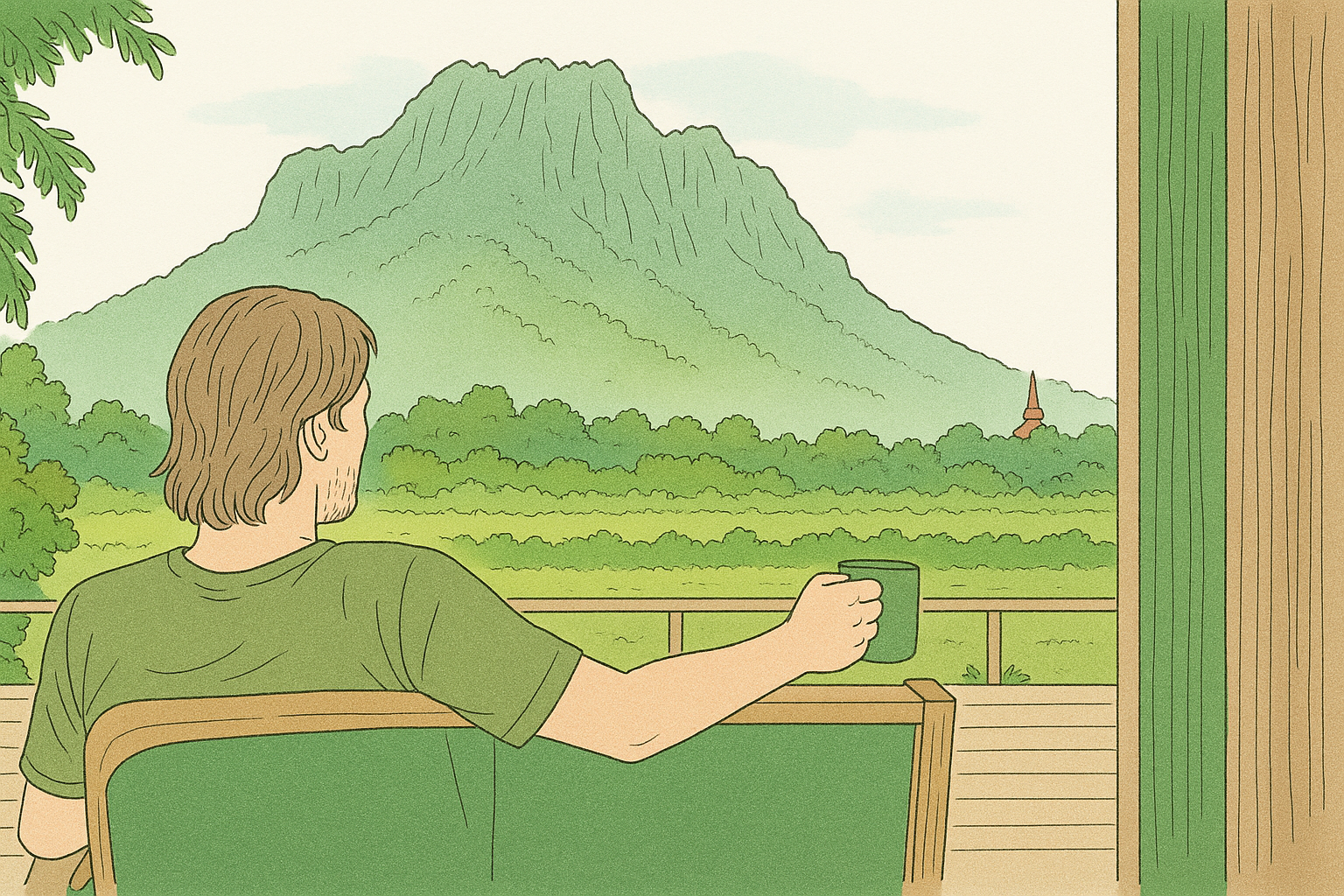 Illustration of Naz Avo sitting on the porch overlooking Chiang Dao mountain while sipping on a cofee