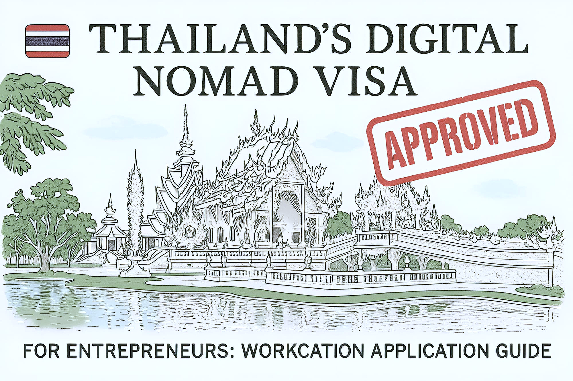 An illustration of Chiang Rai White Temple with words "Thailand's Digital Nomad Visa. For Entrepreneurs: Workcation Application Guide"