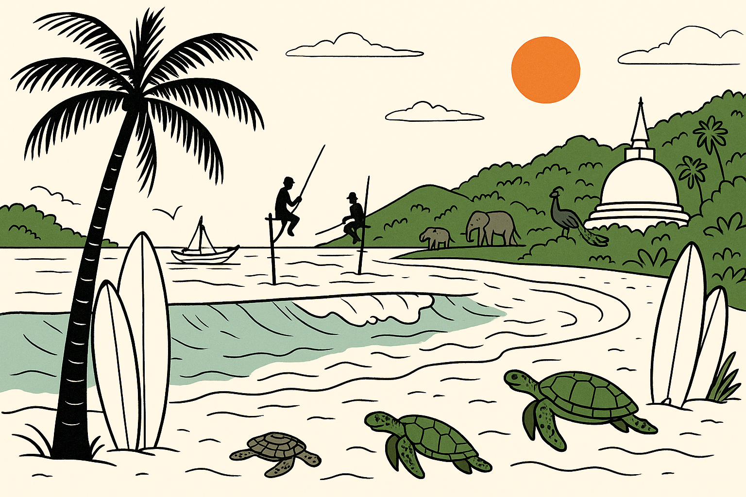 Illustration of South Sri Lanka featuring with a hint of local culture: stilt fishermen, Buddhist white stupas, traditional Sri Lankan oruwa boats, and elephants in the distance