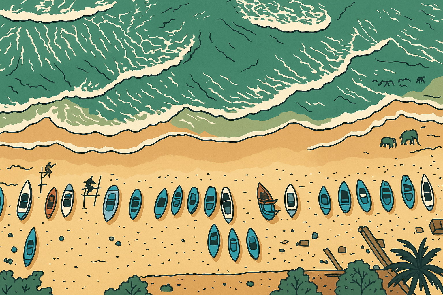 Colorful boats docked off the coast of South Sri Lanka 