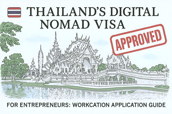 An illustration of Chiang Rai White Temple with words "Thailand's Digital Nomad Visa. For Entrepreneurs: Workcation Application Guide"