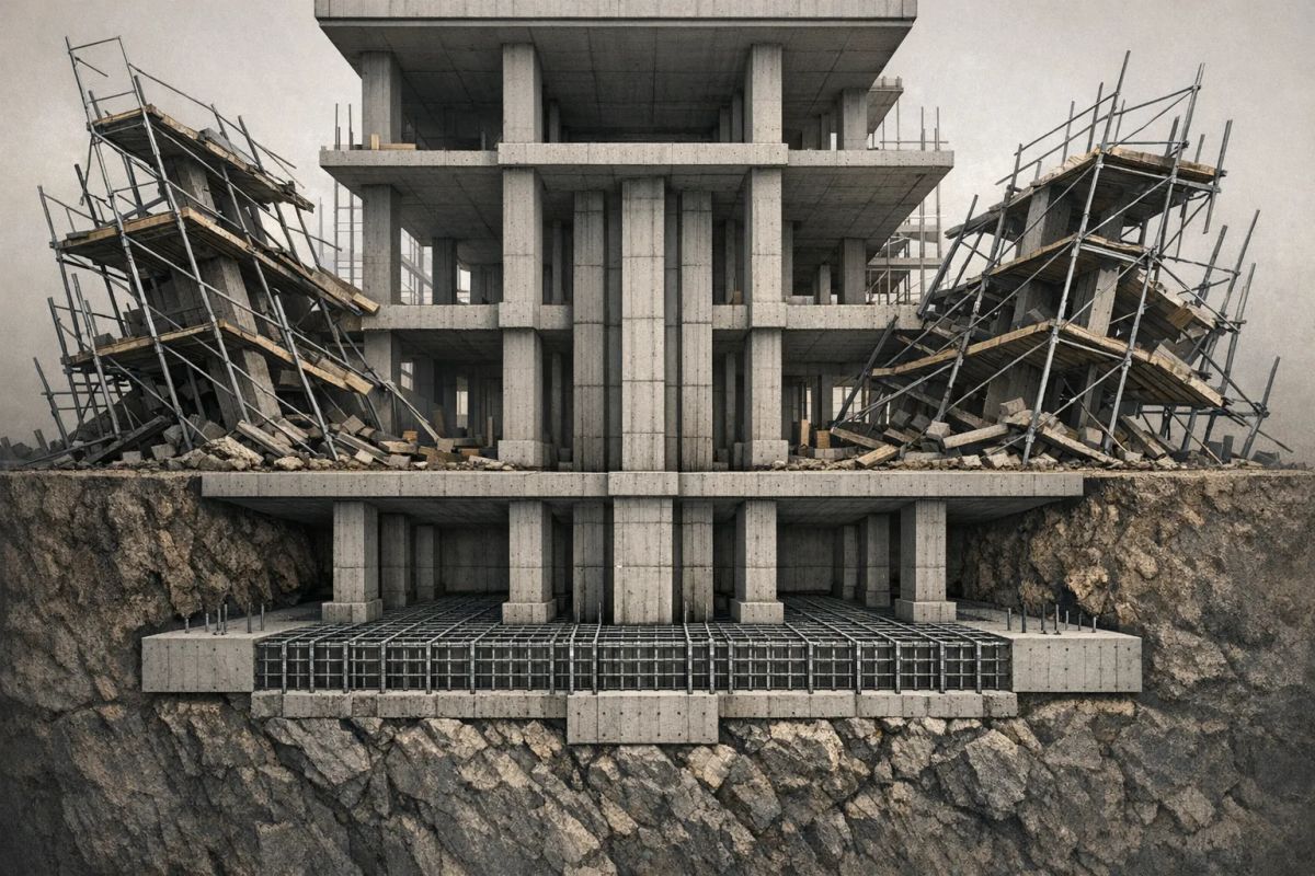 Concrete multi-story building under construction with visible support columns, steel reinforcement, and scaffolding structures on sloped ground