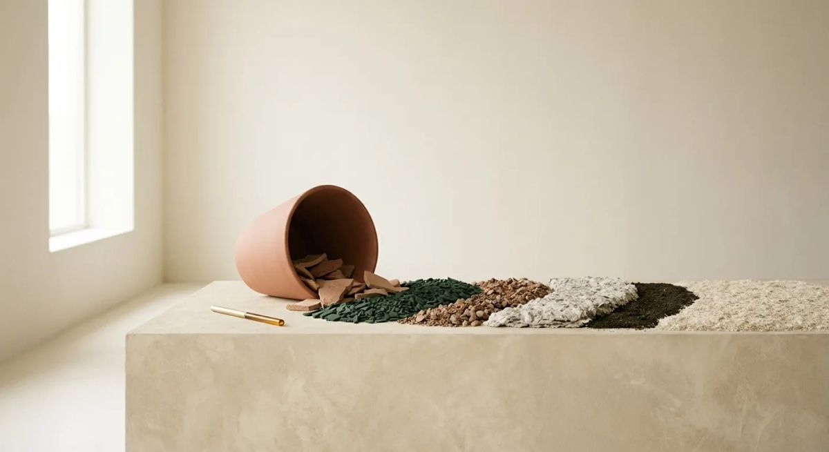 Clay pot tipped on its side on a rectangular pedestal, spilling ceramic fragments.