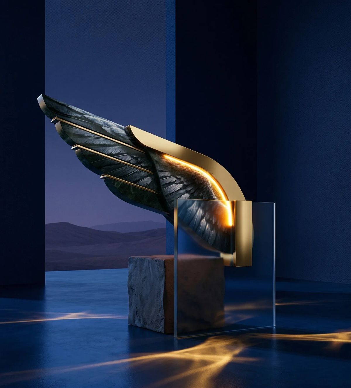 Wing-shaped sculptural installation with layered dark panels.