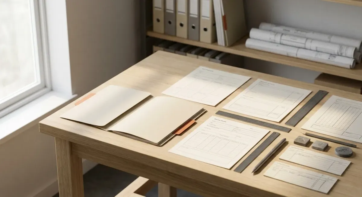 Organized desk with filing documents, measuring tools, and office records for administrative and drafting tasks.