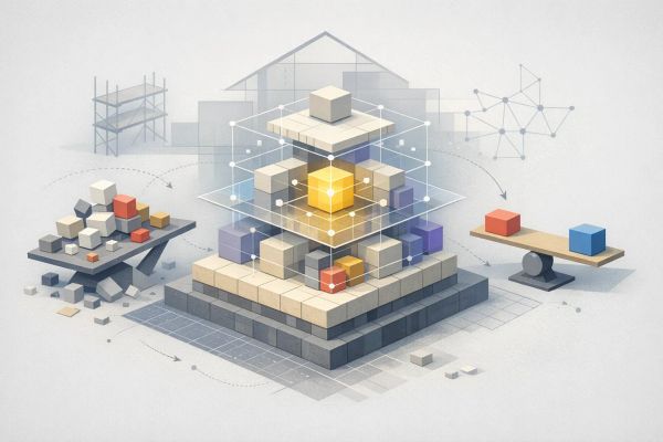 Isometric illustration of layered modular blocks with grid lines and connecting nodes, representing system architecture, construction, and structural connectivity