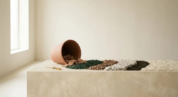 Clay pot tipped on its side on a rectangular pedestal, spilling ceramic fragments.