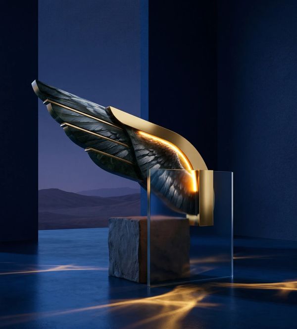 Wing-shaped sculptural installation with layered dark panels.