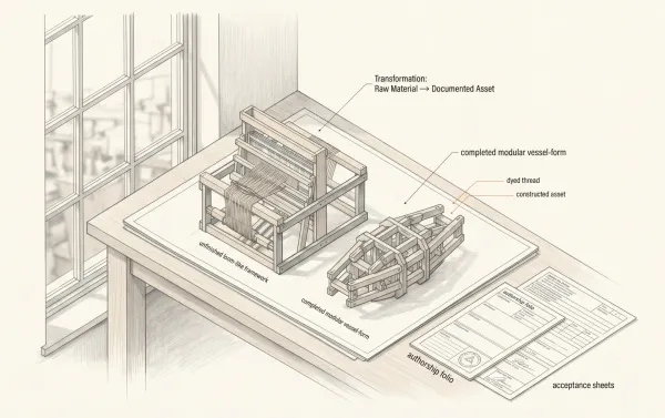Wooden Handloom Illustration with Technical Documents and Sample Box