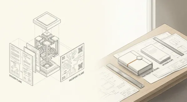 Technical drawing of a document verification system with layered records, passport data panels, and desk-based planning materials.