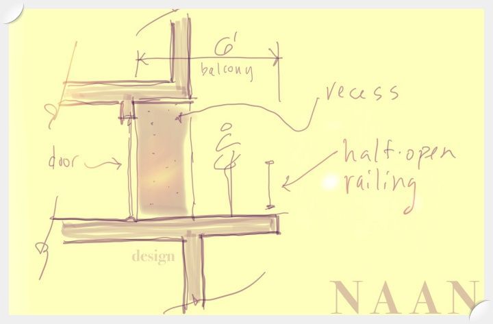 A quick sketch showing of the 3 main elements of a good balcony.  naan design.  naandesign