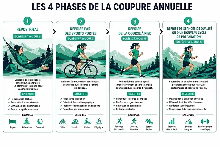 Infographie des 4 phases de récupération sportive: repos total, sports portés, course à pied, entraînement structuré, avec illustrations.