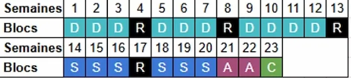 Cycle de couleur dans le tableau d'un plan d'entraînement en trail