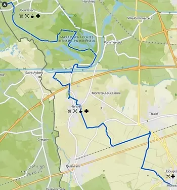 Carte d'un tronçon du GR412 présentant les endroits pour se ravitailler