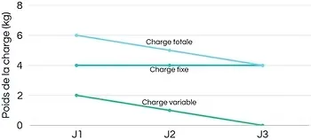 Graphique présentant l'évolution des charges fixe et variable pendant un trail en itinérance