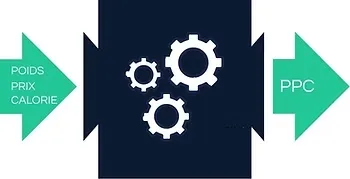 Schéma illustrant le principe des ratios à l'aide d'une flèche verte sur laquelle est indiquée les intrants, une boîte bleue qui fait office de processus et une flèche verte indiquant le résultat