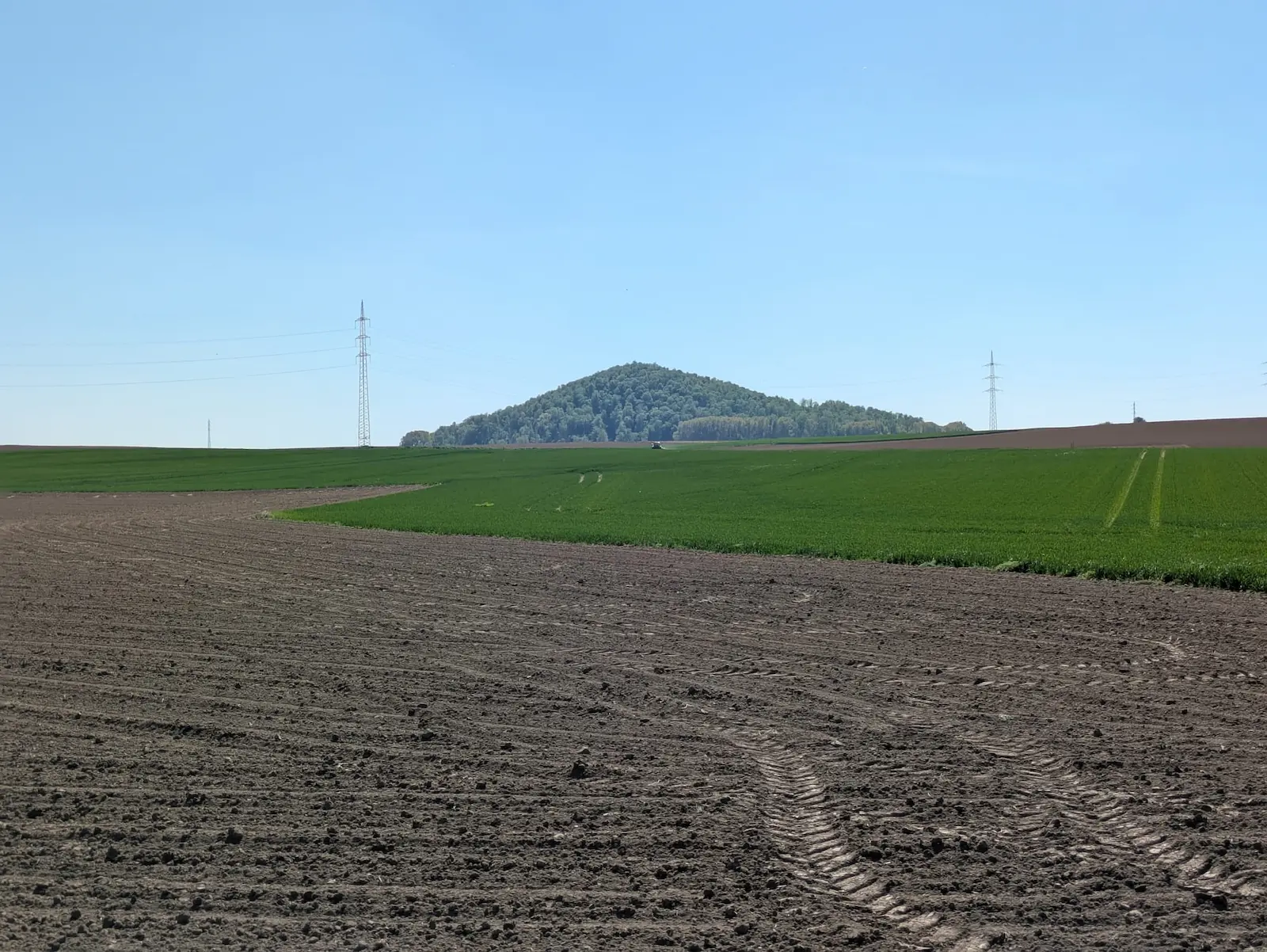 Champs cultivés verts et bruns sous ciel bleu, colline boisée au loin et pylônes électriques, paysage calme.