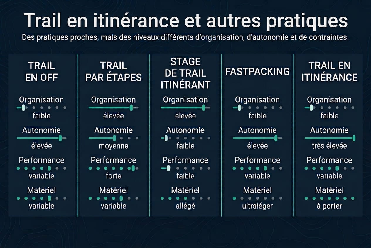 Infographie comparative: trail en itinérance vs autres pratiques (fastpacking, stage de trail itinérant, trail en OFF, trail par étapes)