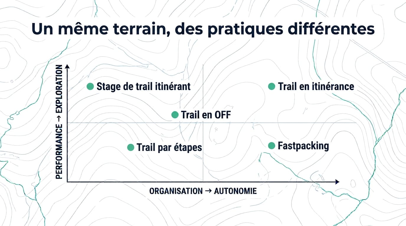 Une infographie intitulée « Un même terrain, des pratiques différentes » présente un graphique à deux axes sur un fond de carte topographique. L'axe vertical est étiqueté « PERFORMANCE → EXPLORATION » et l'axe horizontal est étiqueté « ORGANISATION → AUTONOMIE »