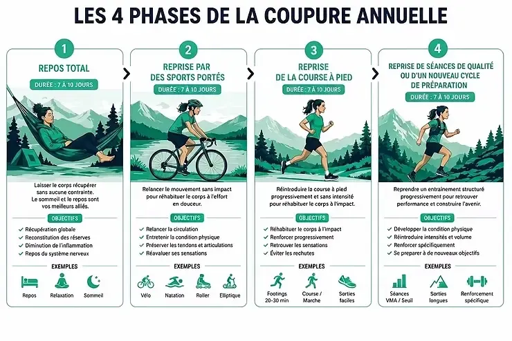 Infographie des 4 phases de récupération sportive: repos total, sports portés, course à pied, entraînement structuré, avec illustrations.
