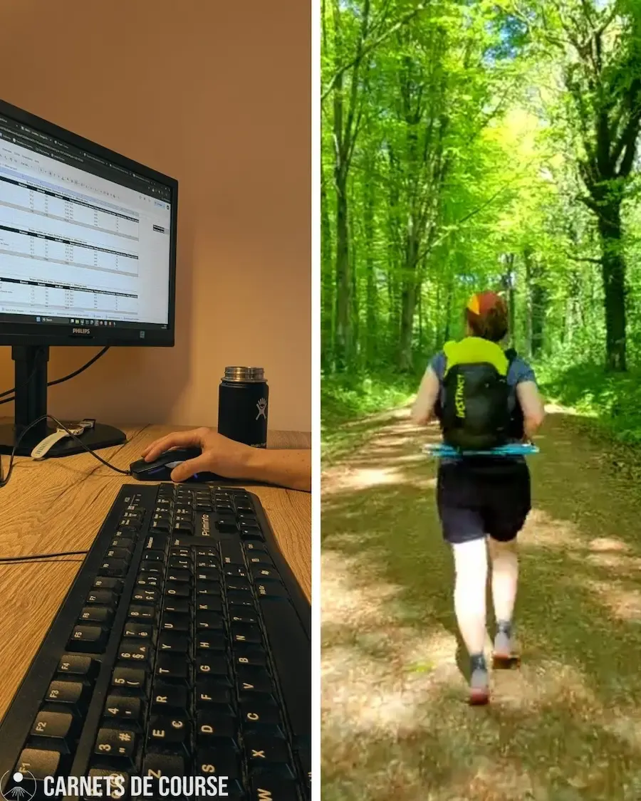 Main gauche sur une souris devant un écran avec un tableau. À droite, personne courant dans une forêt verdoyante, portant un sac à dos.