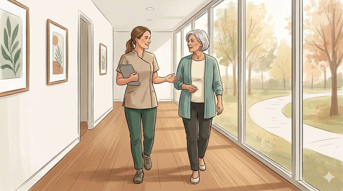 Équipe de soins multidisciplinaire accompagnant un patient avec arthrose du genou — médecin, physiothérapeute et kinésiologue