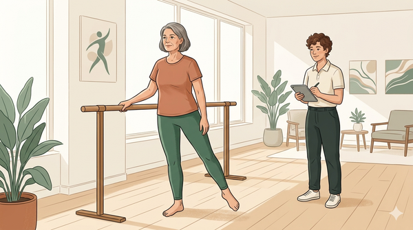 Personne active dans la soixantaine faisant de l'exercice accompagnée d'un kinésiologue — longévité et arthrose du genou