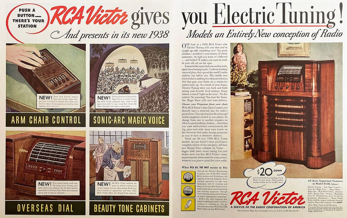 1938 magazine ad from RCA Victor touting their "electric tuning", or radio buttons