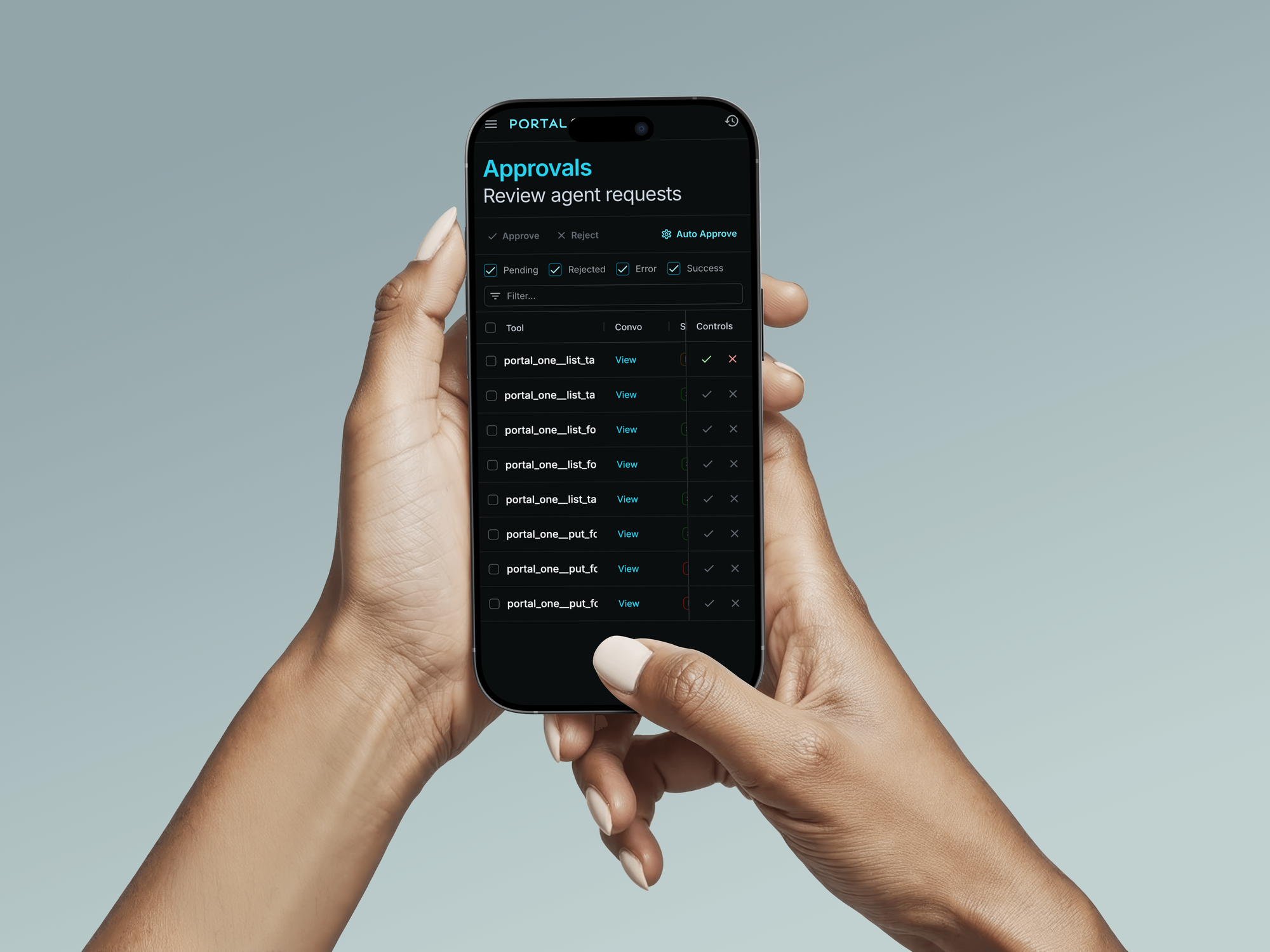 Hands holding smartphone showing Portal One app's 'Approvals' screen, where user reviews and approves AI agent requests from a list.