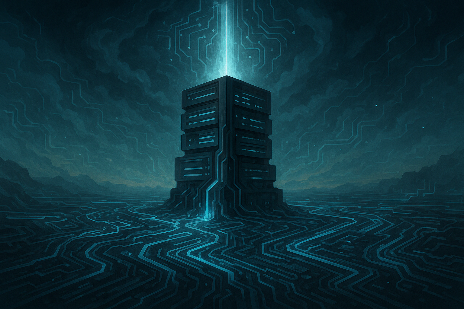 A dark, imposing server monolith stands on a vast plane covered in glowing blue circuit patterns.