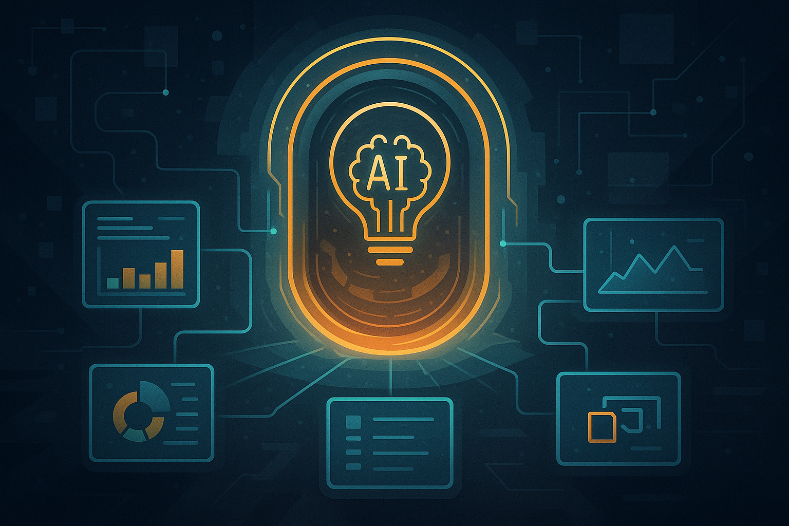 Central glowing AI lightbulb icon connected to data dashboard icons (charts, lists) on a tech circuit background, symbolizing an AI intelligence hub.