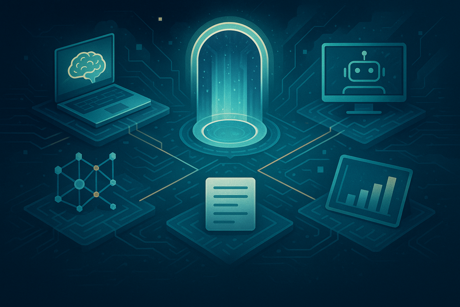 The better way for AI: Central glowing portal unifying tools for intelligence (laptop), automation (robot), analytics (tablet), documents, & data networks.